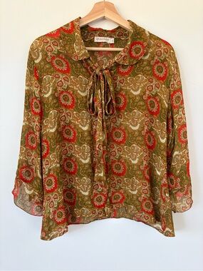 Golden Brown The Label Floral Tie-Neck Blouse - Olive & Red